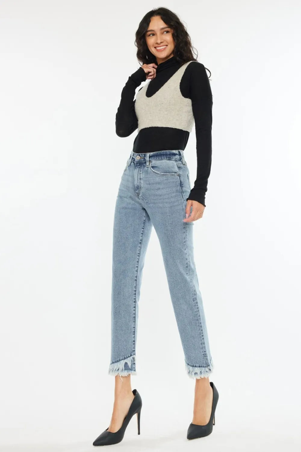 Kancan Raw Hem High Rise Straight Jeans - Fashorio