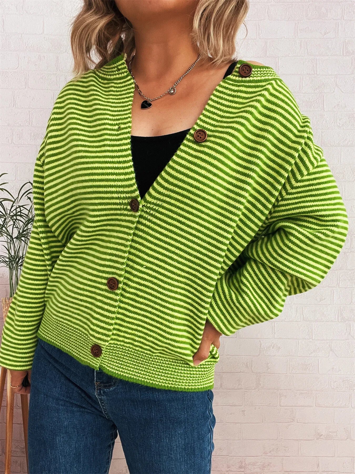 Striped Button Up Long Sleeve Cardigan - Fashorio