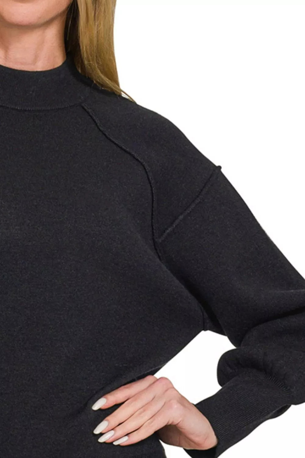 Viscose Mock Neck Exposed Seam Sweater in Black back view