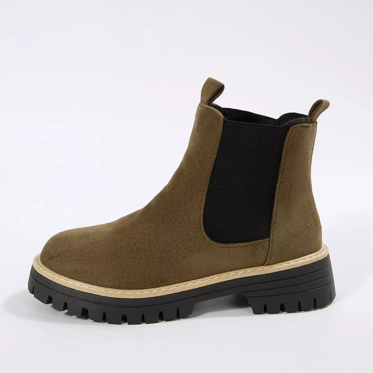 Suede round toe block heel boots detail shot