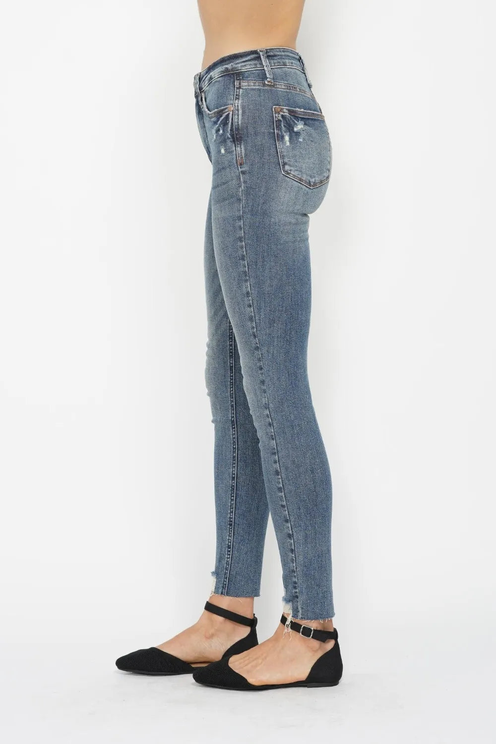 Judy Blue Tummy Control Vintage Wash Hem Distressed Skinny Jeans side view