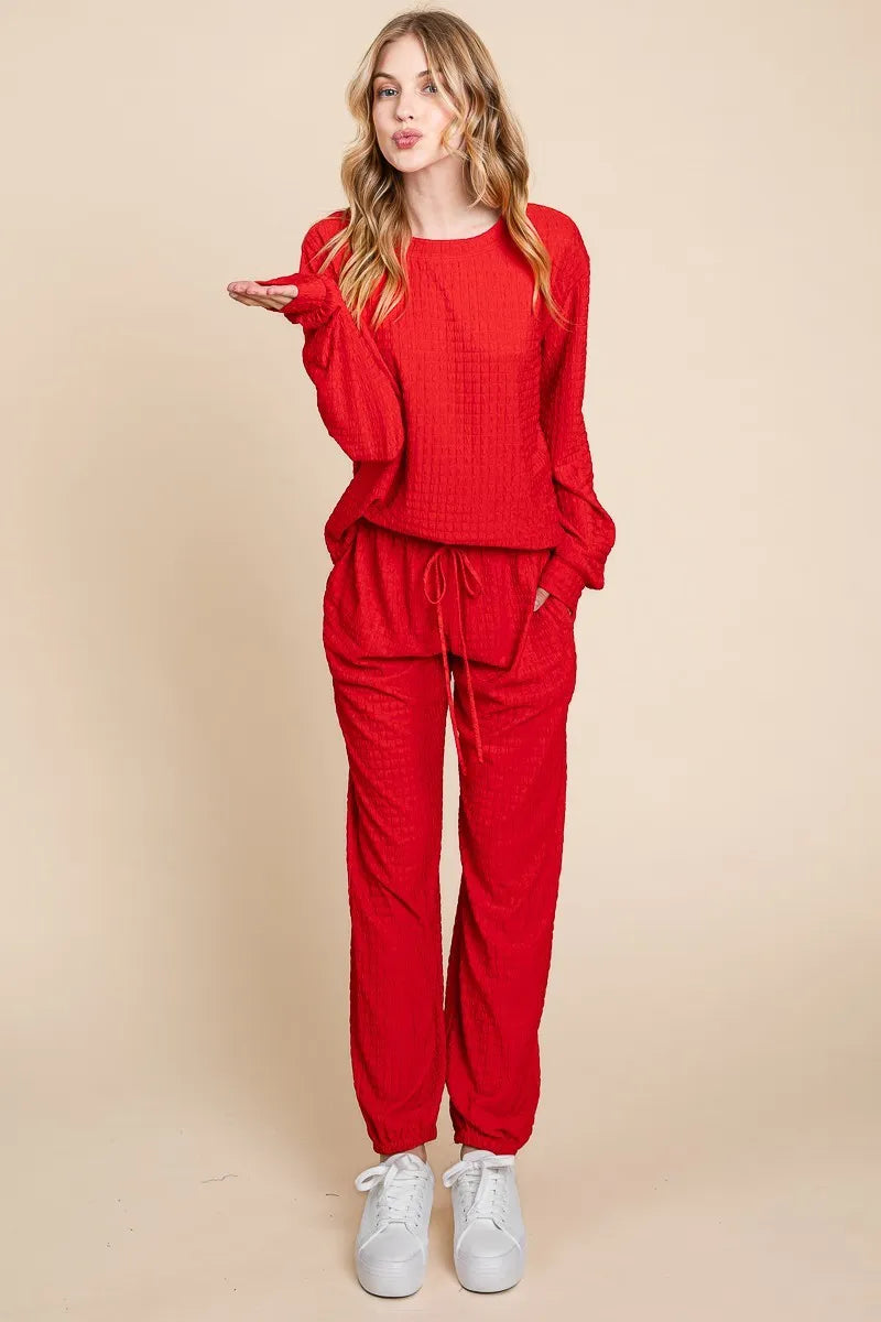 Super Lady Full Size Crinkle Check Round Neck Top and Pants Lounge Set Red - Fashorio