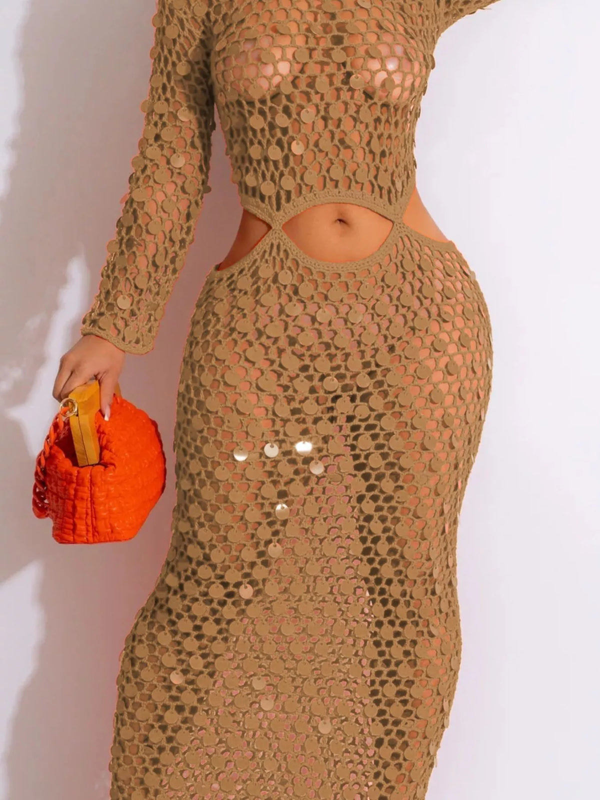 Sequin mesh cutout maxi dress close up view
