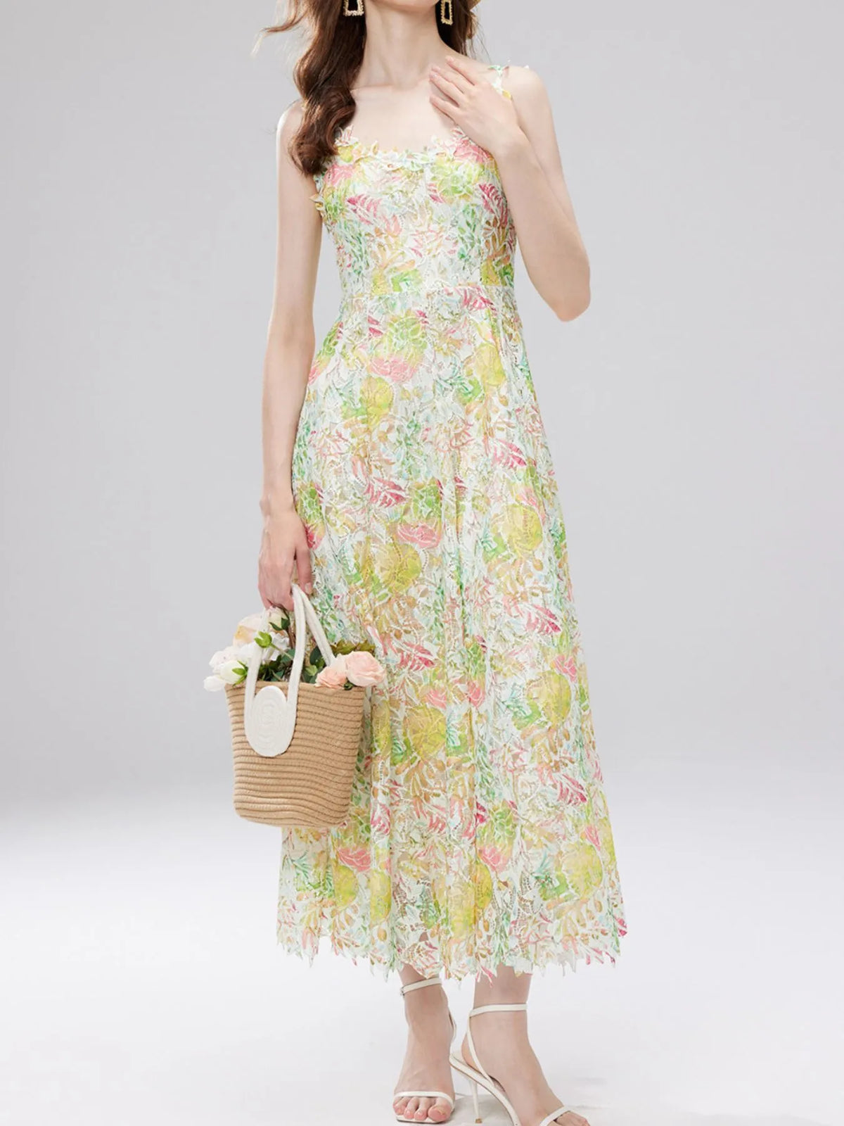 Floral Lace Sleeveless V Neck Midi Dress full length view 15