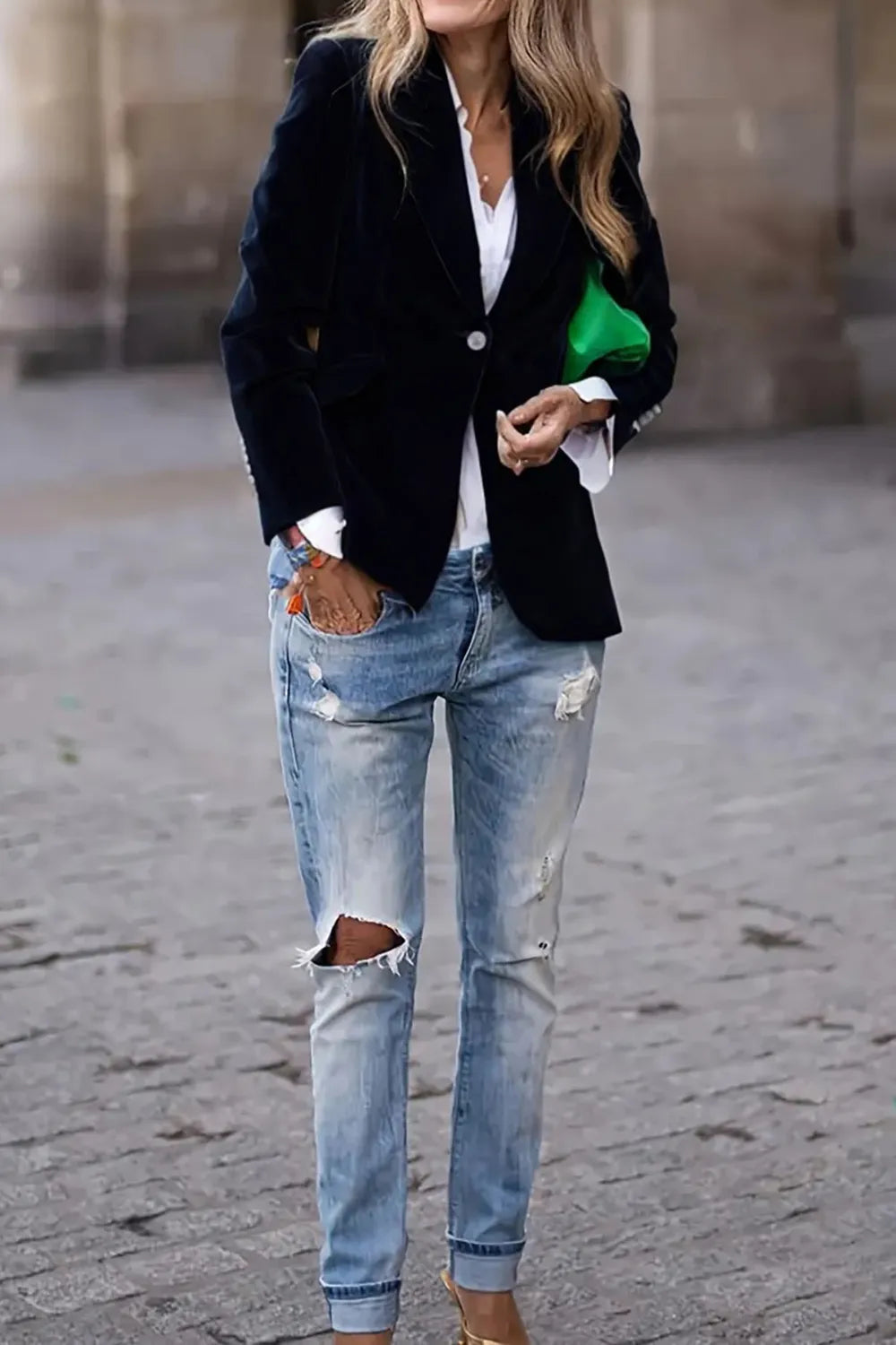 One Button Lapel Collar Long Sleeve Blazer - Fashorio