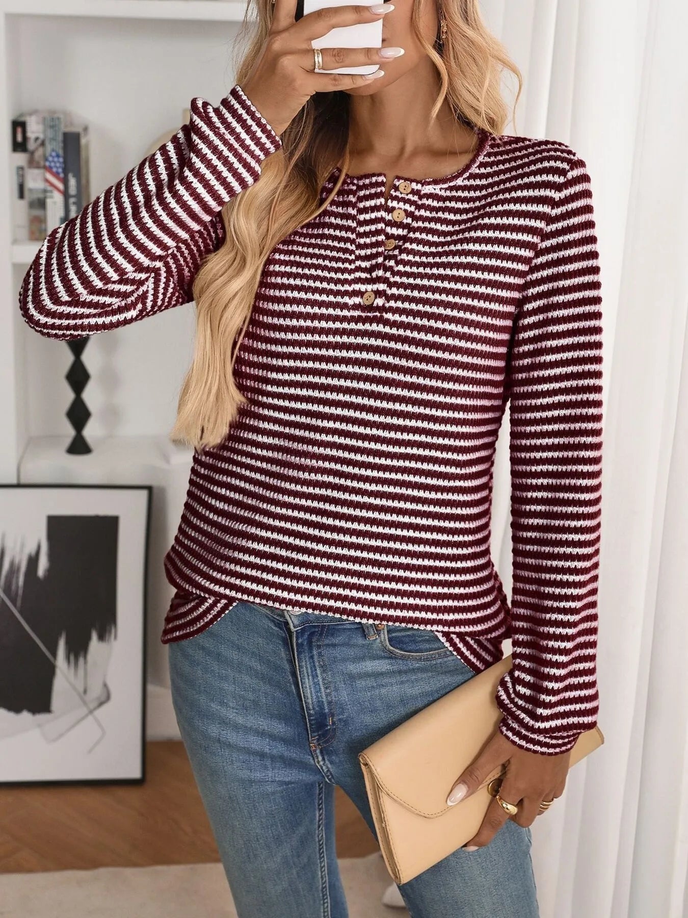 Striped Button Detail Long Sleeve Top - Fashorio