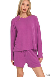 Zenana Corded Rib Long Sleeve Tee and Shorts Set PLUM - Fashorio