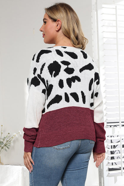 Plus Size Leopard Round Neck Long Sleeve Sweater - Fashorio