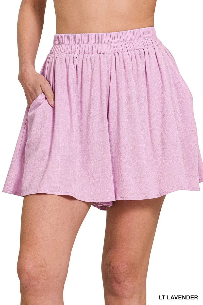Zenana lavender woven elastic band shorts front view