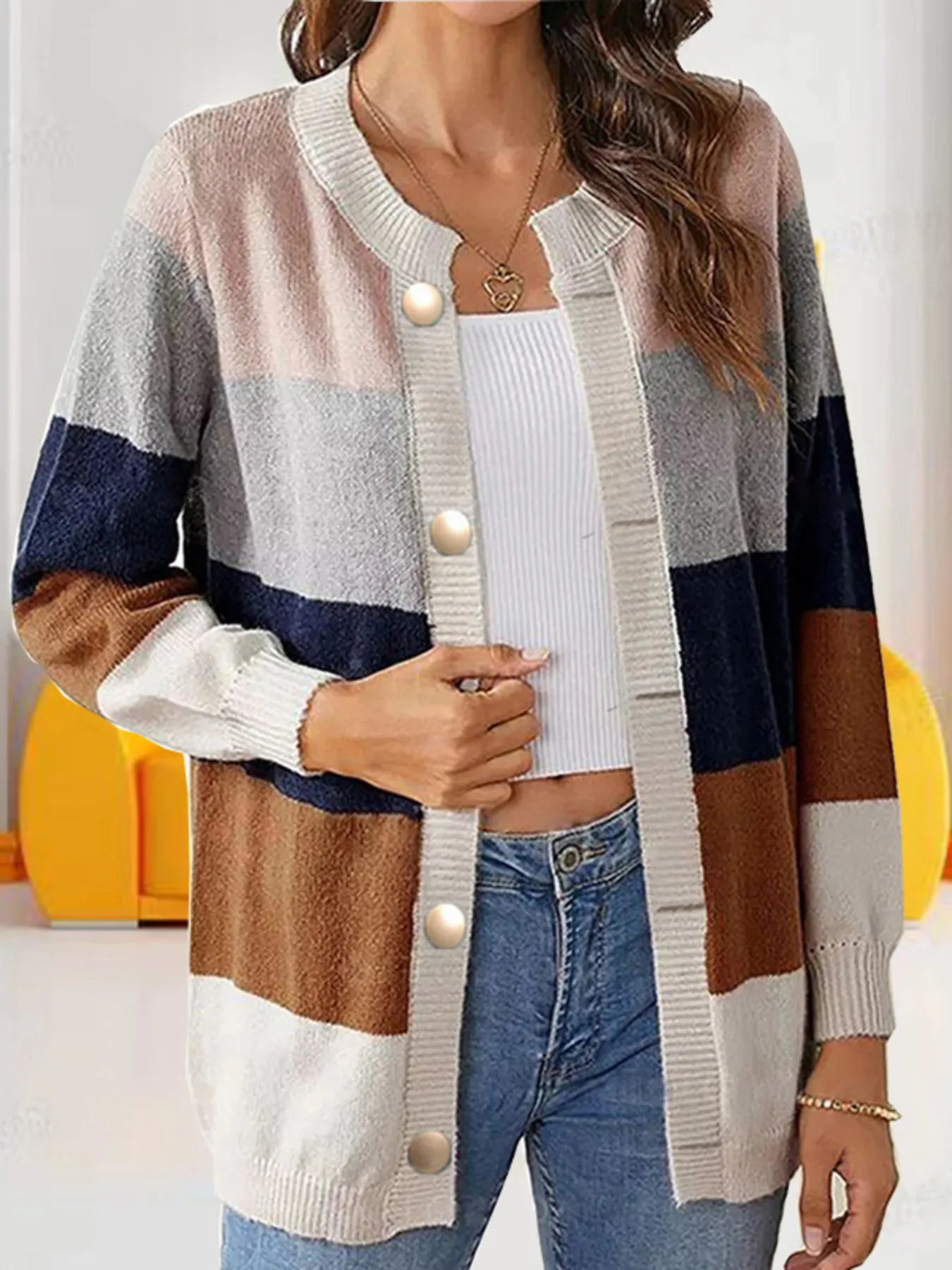 Color Block Button-Up Knit Cardigan - Fashorio