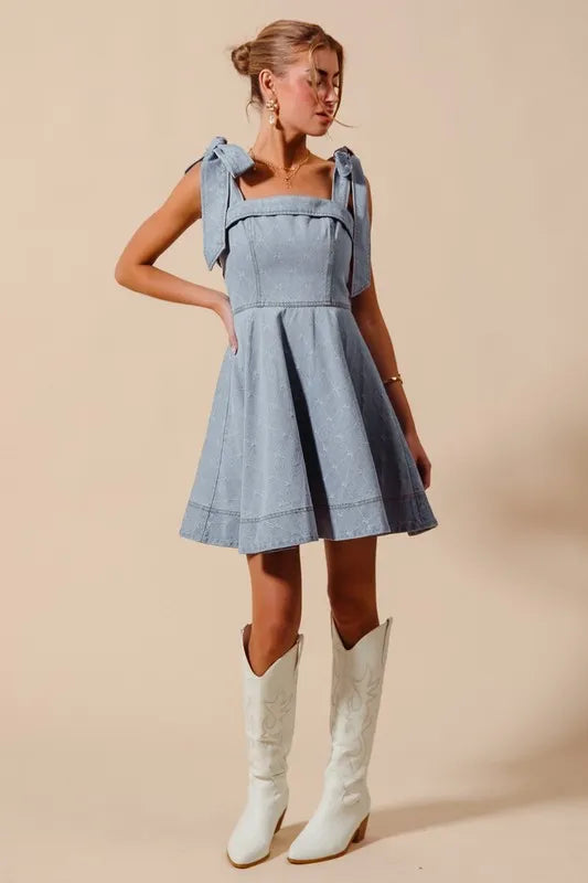 SO ME A Line Fit and Flare Diamond Bow Ribbon Denim Dres - Fashorio