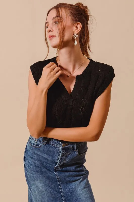 Notched Neck Cable Knit Sweater Vest in Black detail