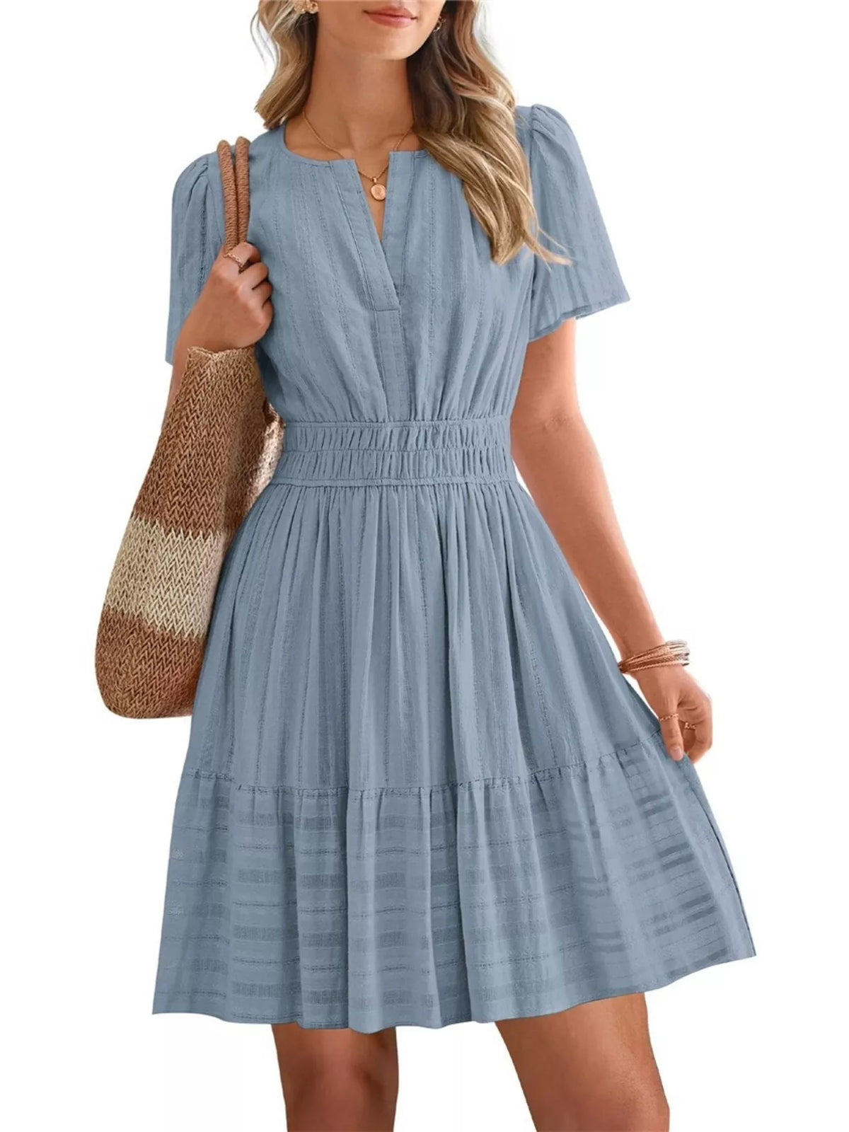 Short sleeve smocked waist tiered midi dress full length view