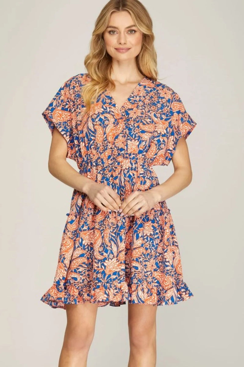 Ruffled Hem Printed Surplice Kimono Sleeve Mini Dress