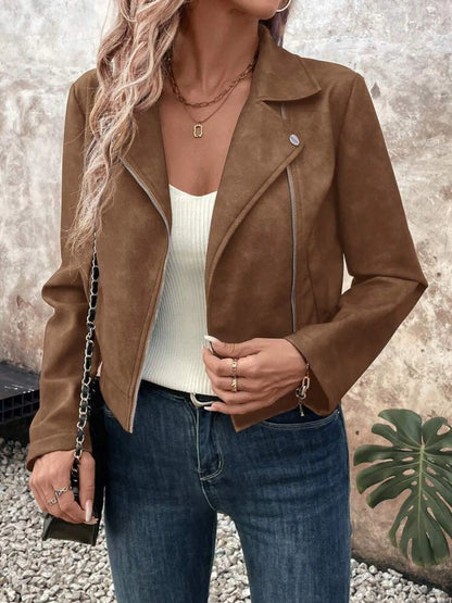Zip Up Suede Cropped Moto Jacket Brown - Fashorio