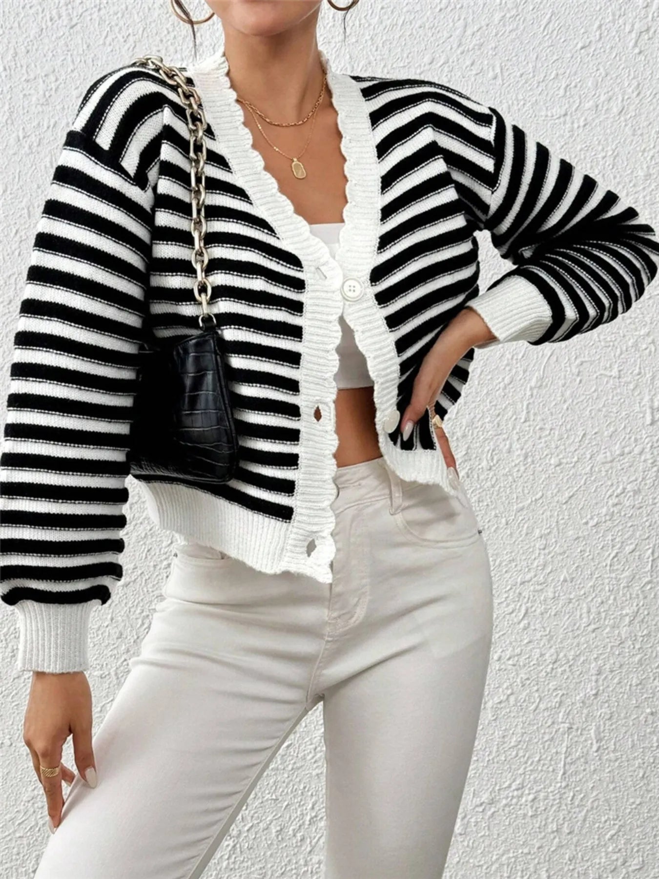 Rainbow Striped Cropped Cardigan with Balloon Sleeves - Fashorio