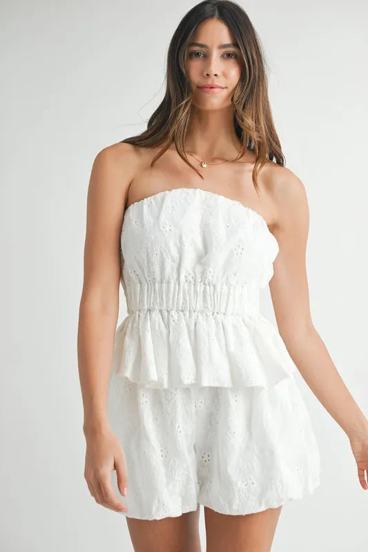 MABLE Floral Eyelet Lace Tube Top and Short Set - Fashorio