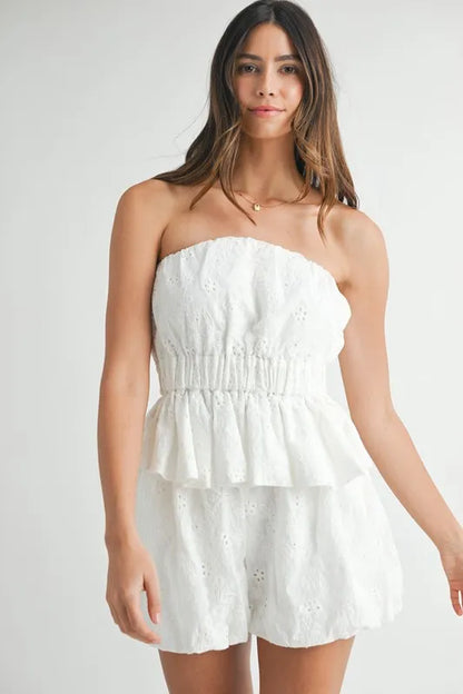 MABLE Floral Eyelet Lace Tube Top and Short Set - Fashorio