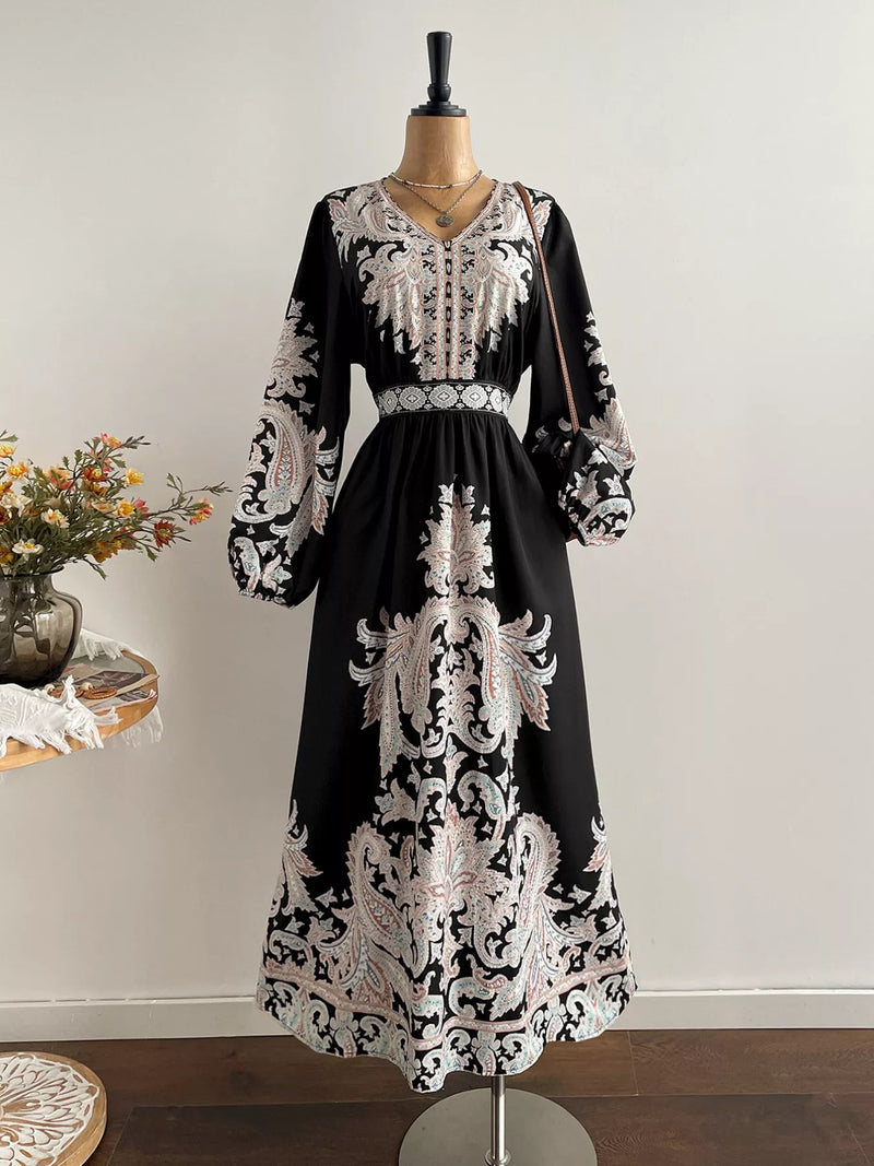 Plus size printed v neck balloon sleeve dress front view