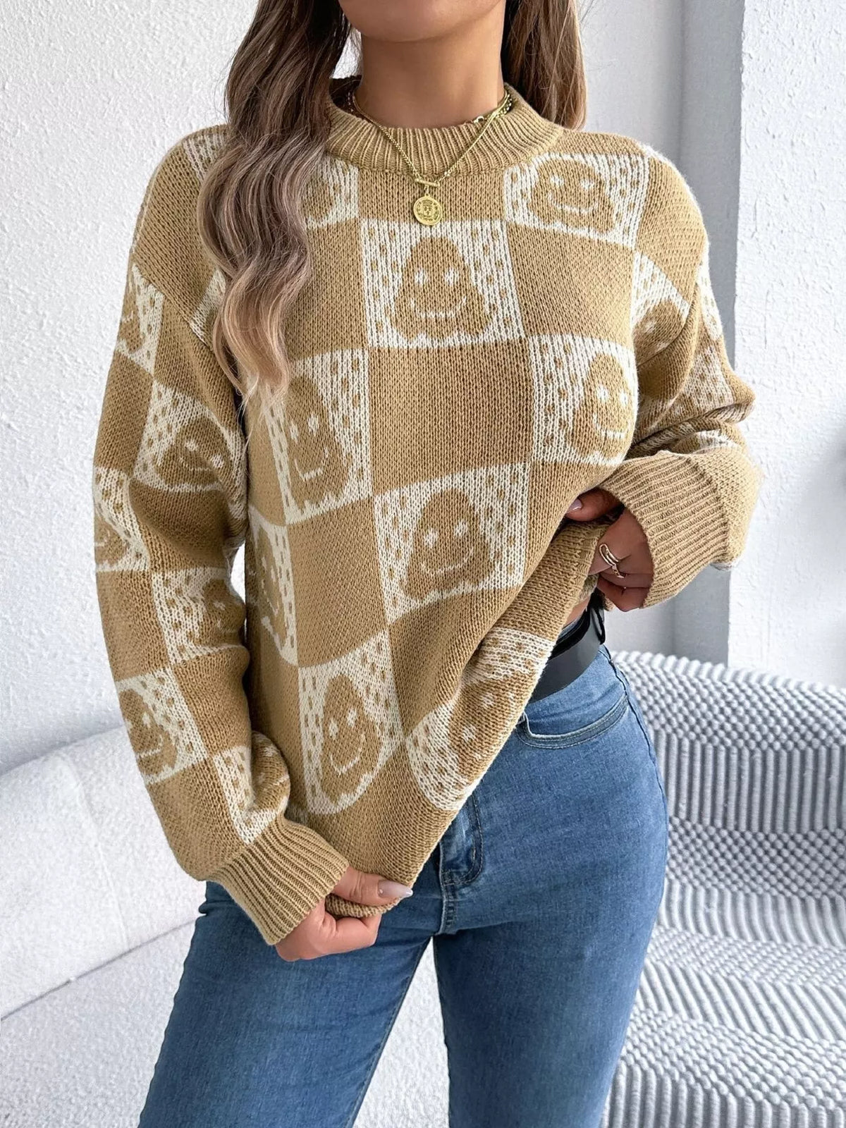 Halloween Ghost Check Round Neck Sweater view 8