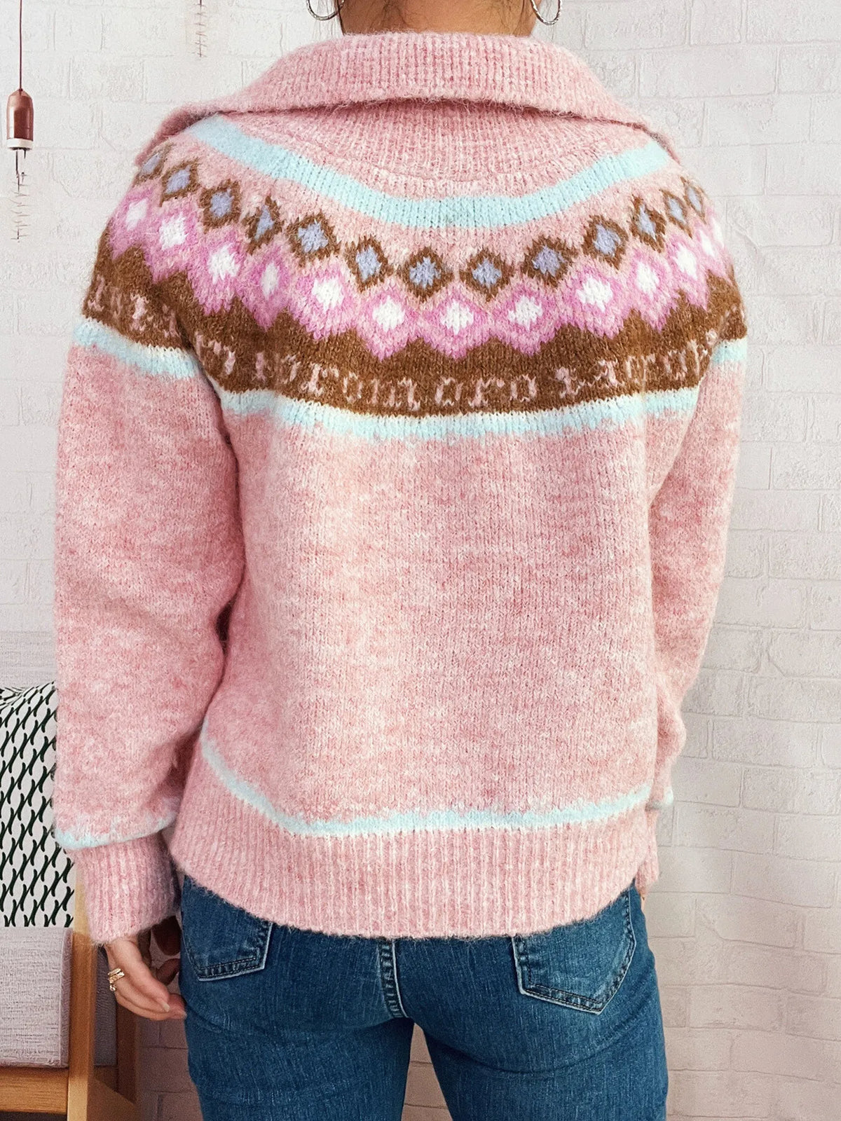 fair isle pattern zip up cardigan styled outfit