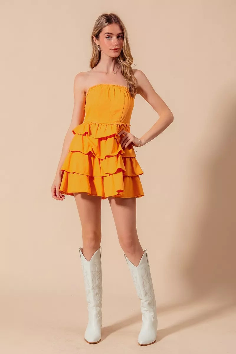 Strapless Ruffle Layered Dress in Gold side view