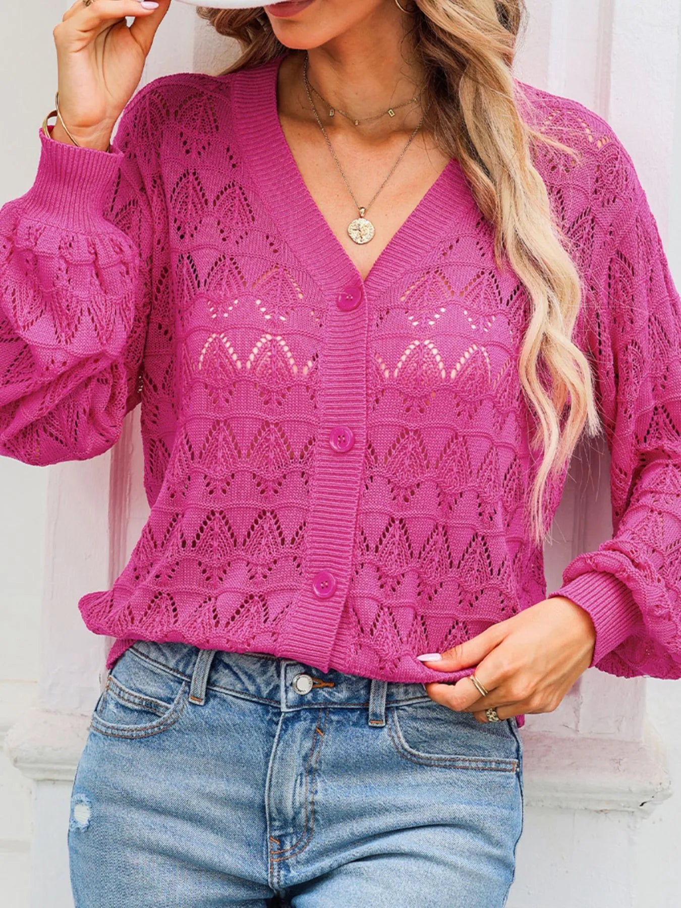 Buttoned Front Openwork Cardigan - Fashorio