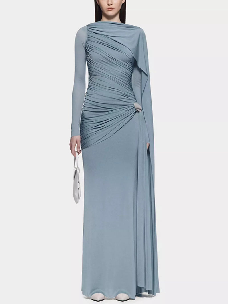 ruched draped long sleeve maxi dress front view
