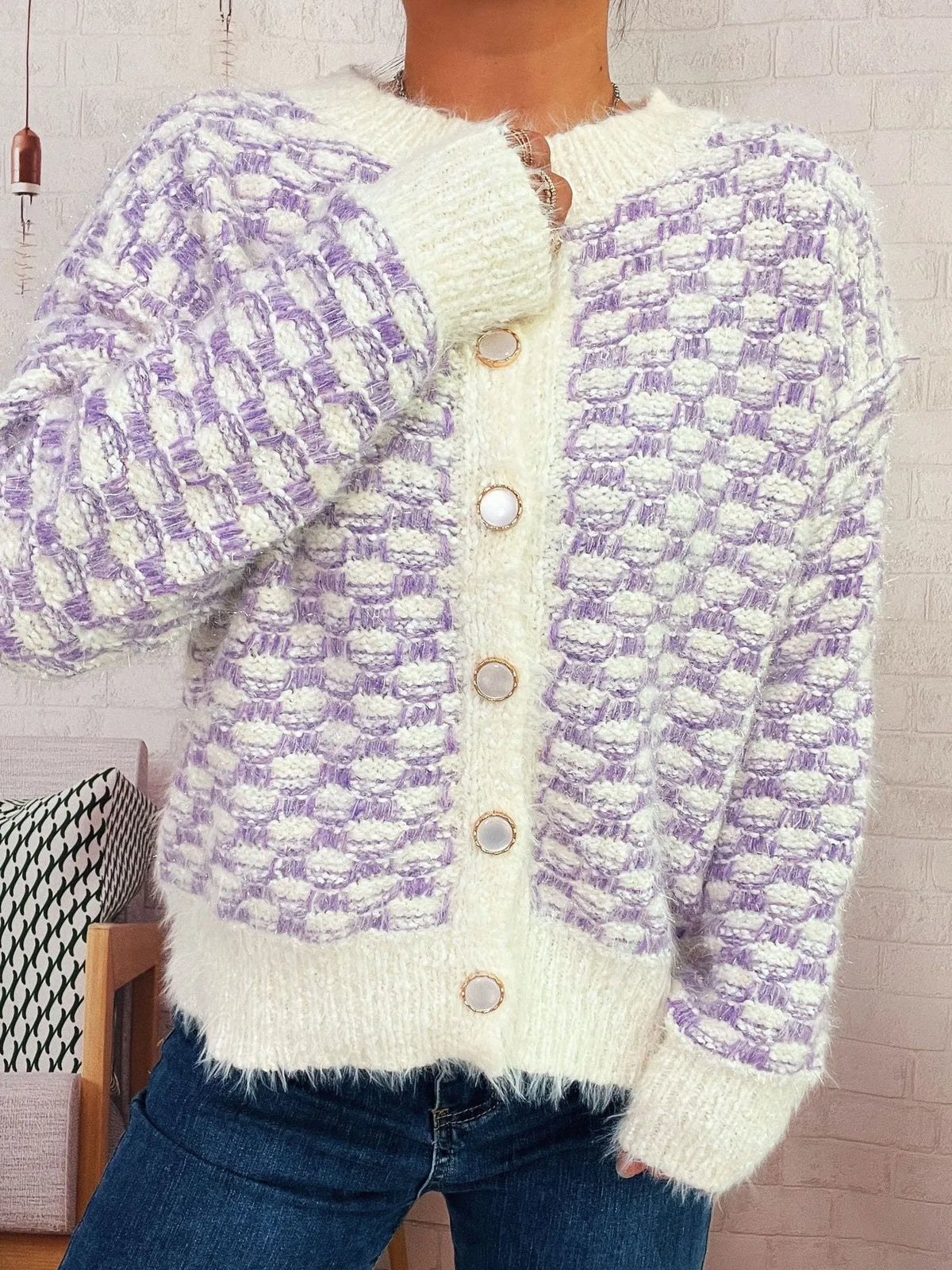 Fluffy textured button up cardigan full length view