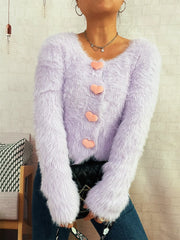 Fuzzy Heart Shape Button-Up Cardigan Purple One Size - Fashorio
