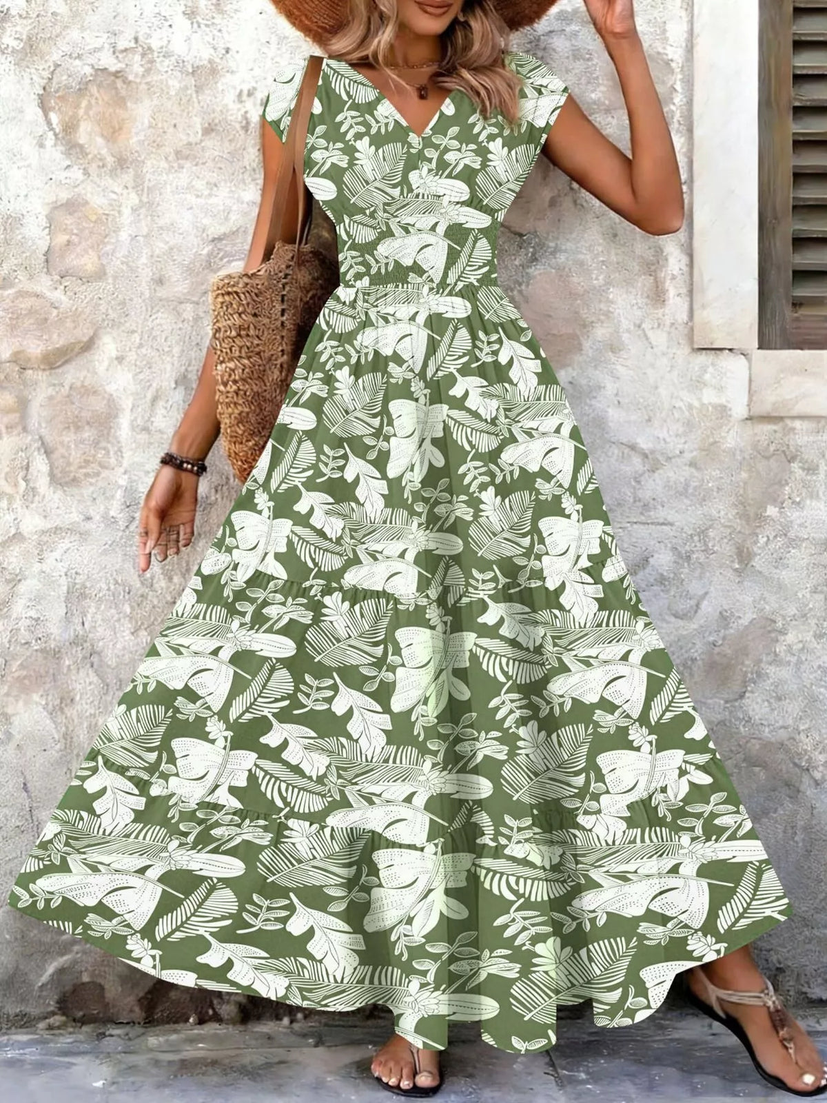 Smocked bodice detail of V-neck maxi dress