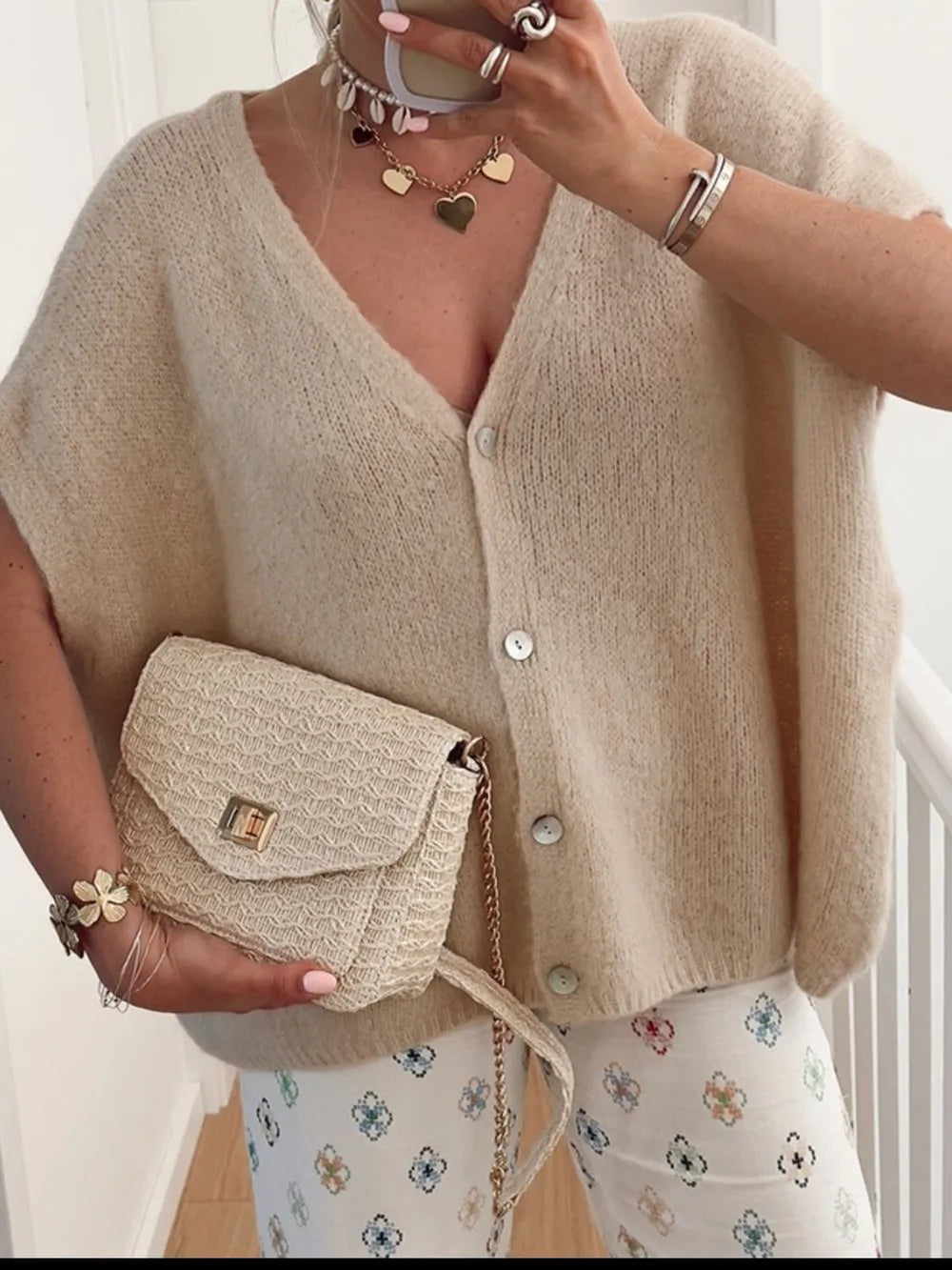 V-Neck Button Up Short Sleeve Cardigan Khaki - Fashorio