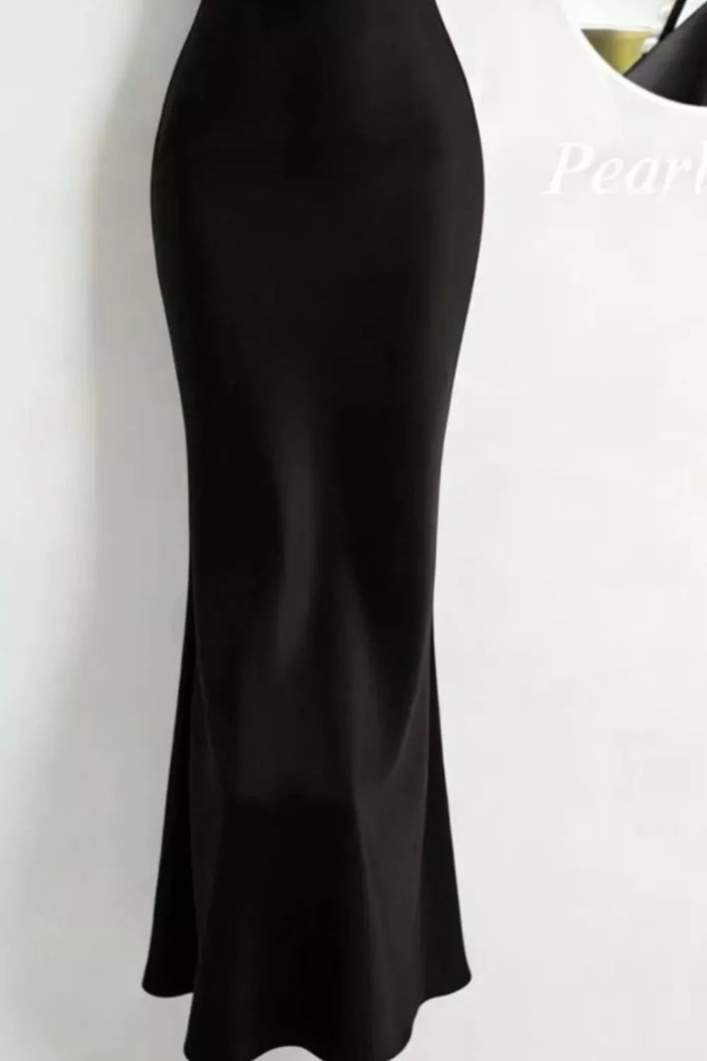 Burgundy satin cowl neck maxi dress with pearl straps front view