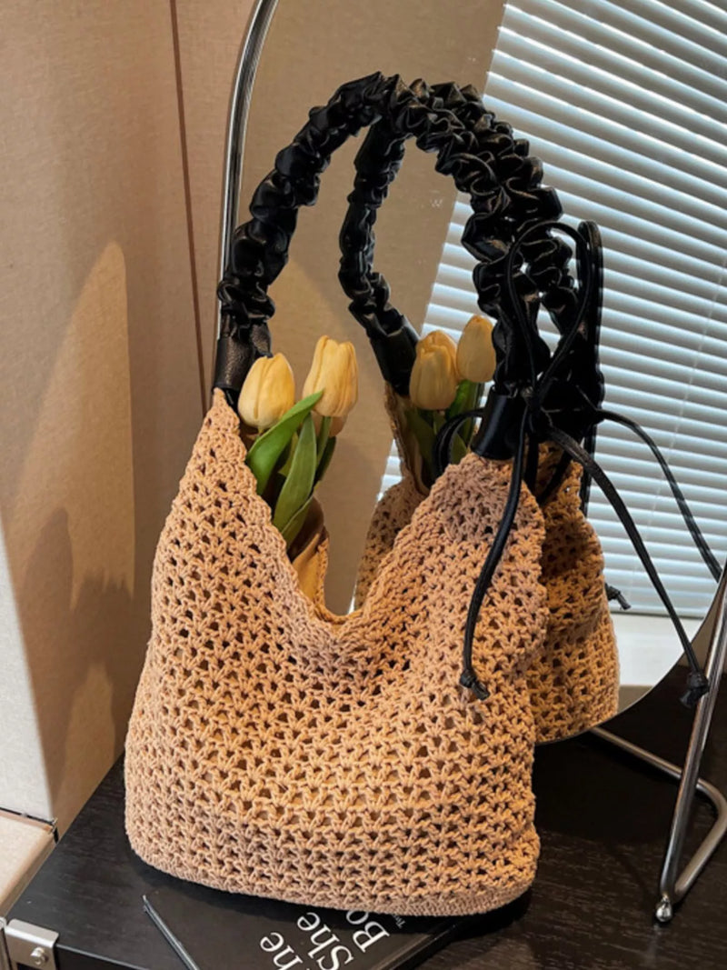 Khaki crochet straw shoulder bag with ruched handle front view