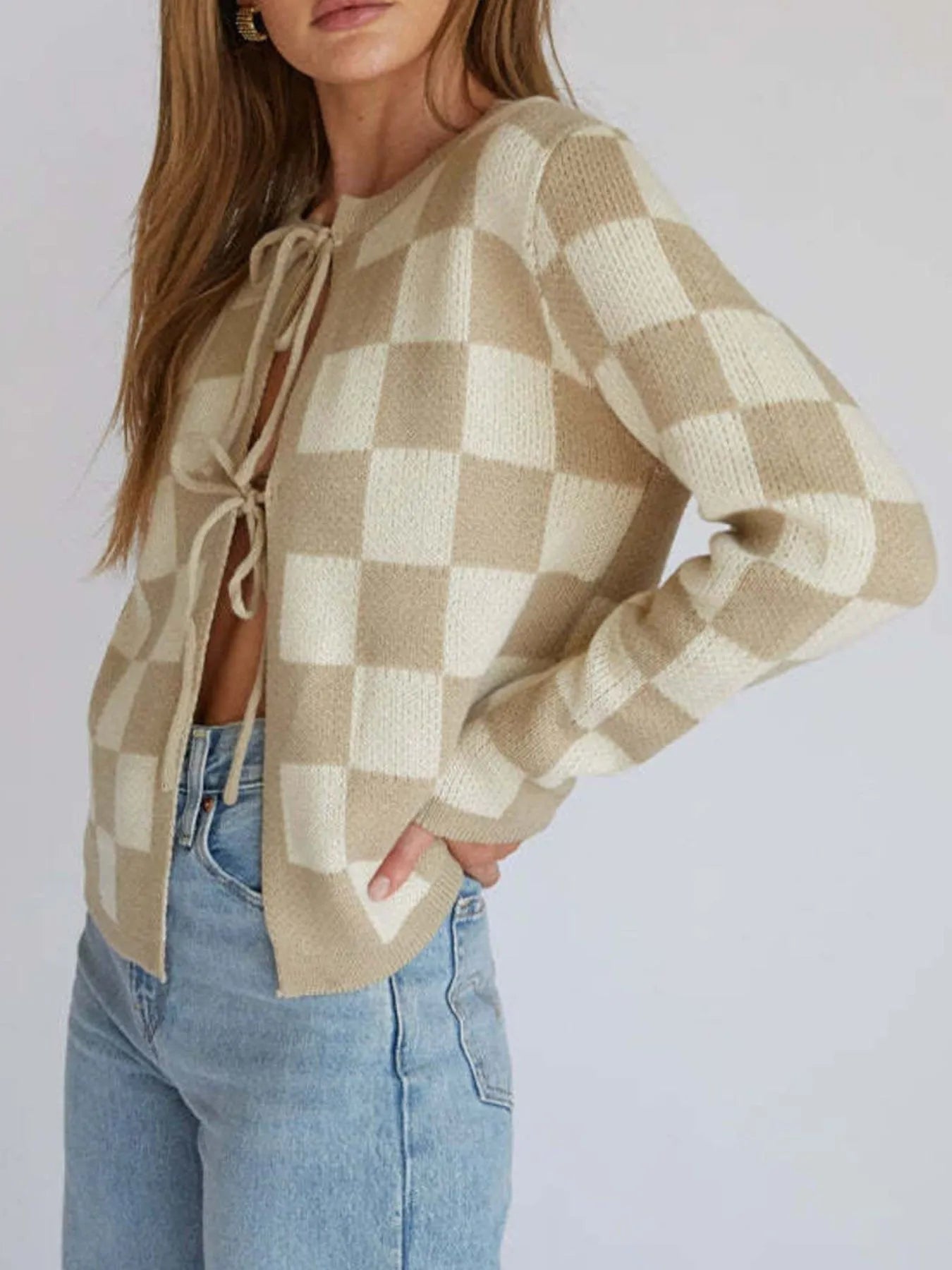 Checkered Tie-Front Cropped Cardigan - Fashorio