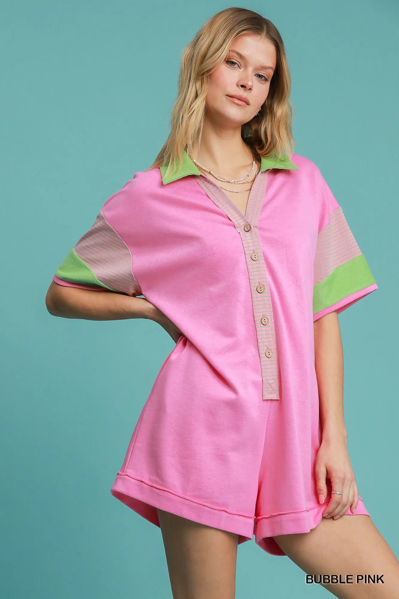 Umgee Contrast Trim Button Front Romper BUBBLE PINK - Fashorio