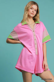 Umgee Contrast Trim Button Front Romper BUBBLE PINK - Fashorio