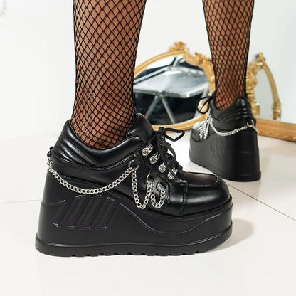 Lace Up Wedge Sneakers Black - Fashorio