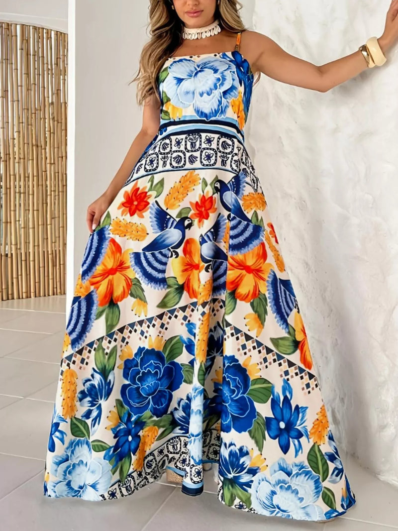 royal blue plus size floral spaghetti strap maxi dress front view