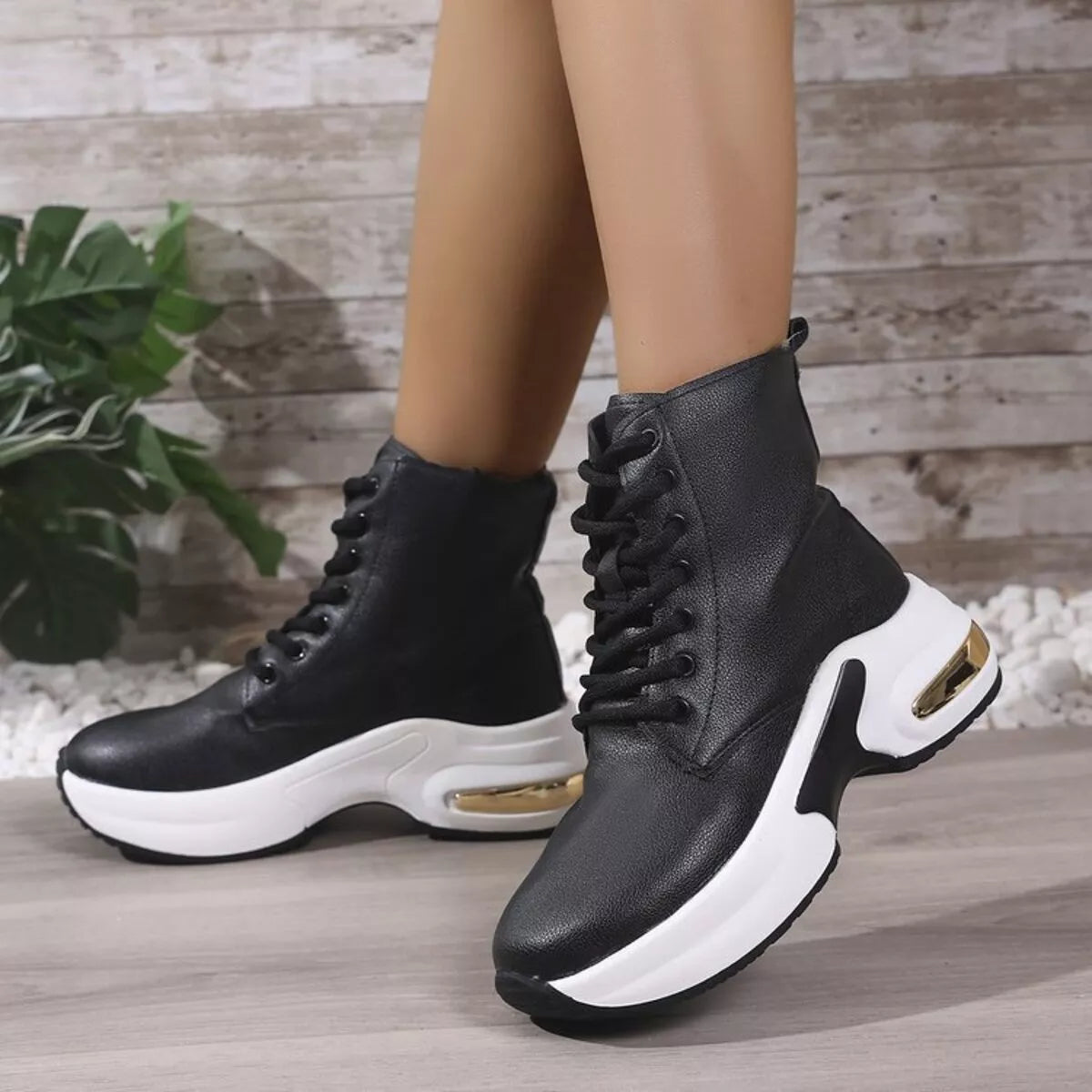 Lace up platform ankle boots angled view