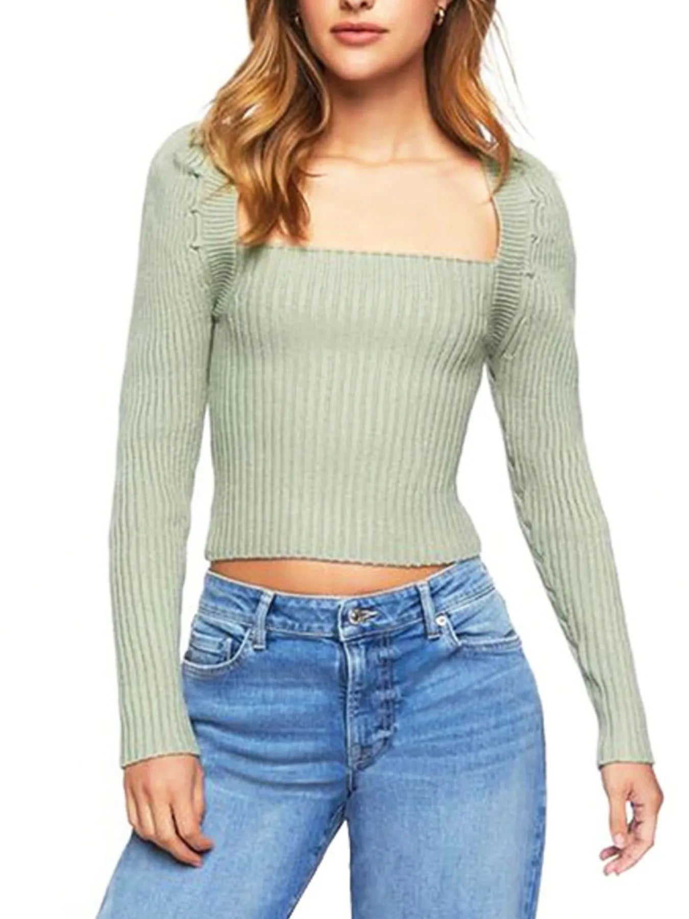 Ribbed Square Neck Long Sleeve Sweater Green - Fashorio
