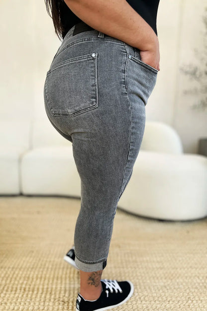 Judy Blue Full Size Button Fly High Waist Cuffed Capris - Fashorio