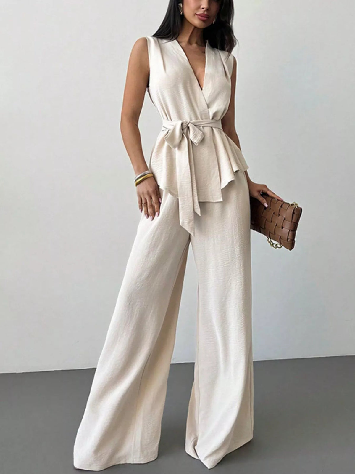 White sleeveless top and wide leg pants set front view