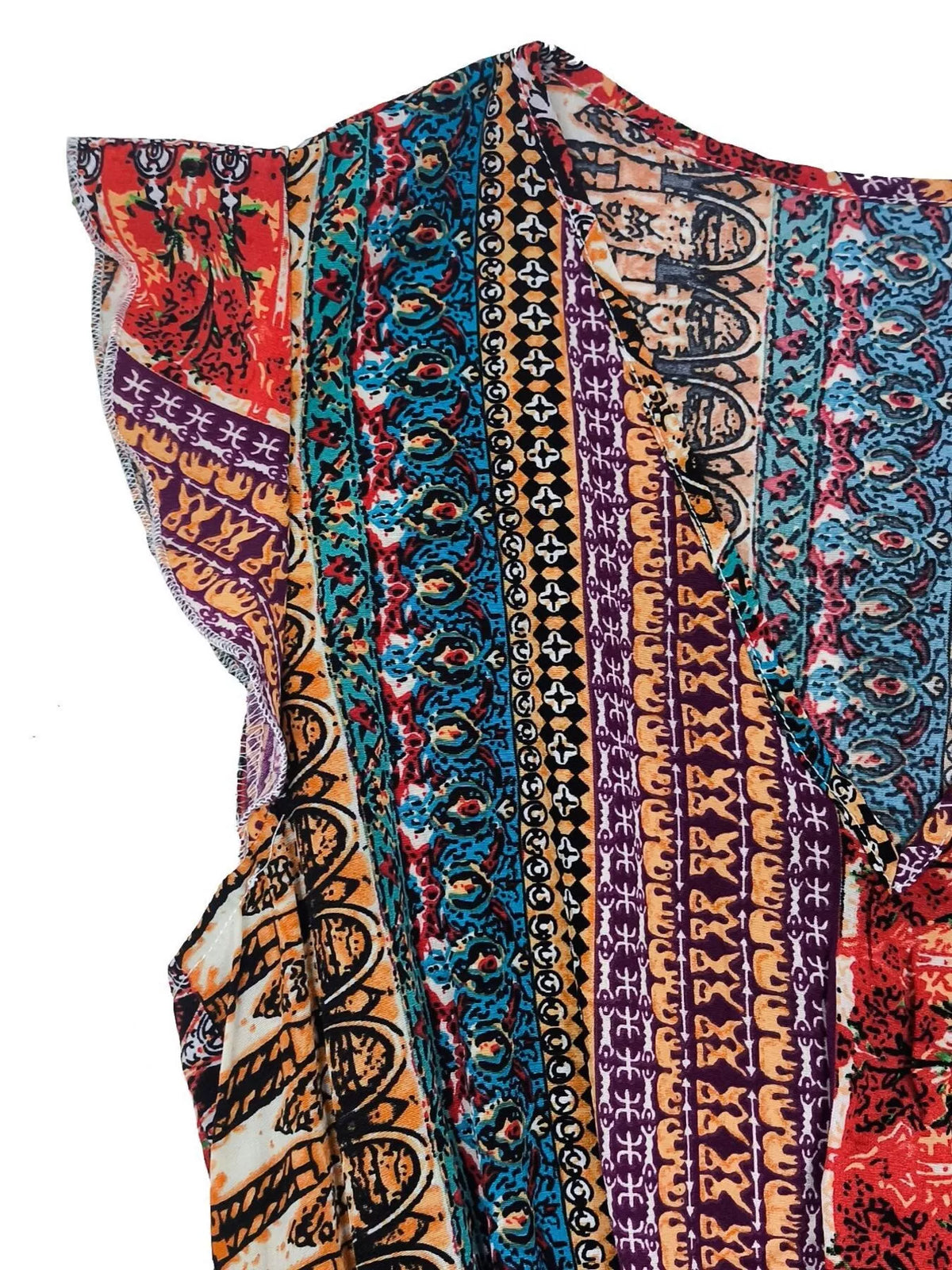 Boho print ruffle sleeve slit dress full length view
