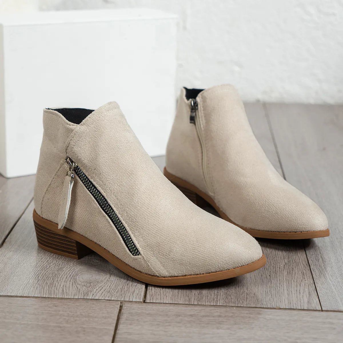 Side Zip Ankle Boots with Block Heel - Fashorio