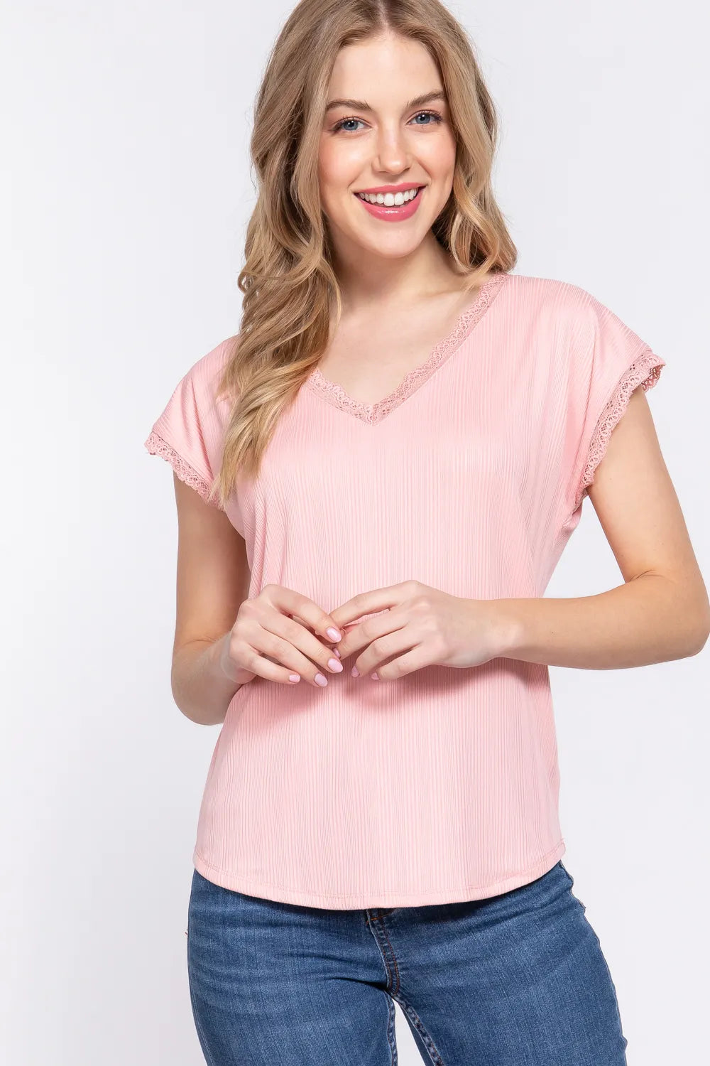 ACTIVE BASIC Lace Trim V-Neck Short Sleeve Ribbed Top PINK - Fashorio