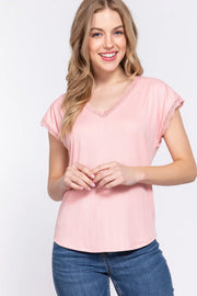 ACTIVE BASIC Lace Trim V-Neck Short Sleeve Ribbed Top PINK - Fashorio