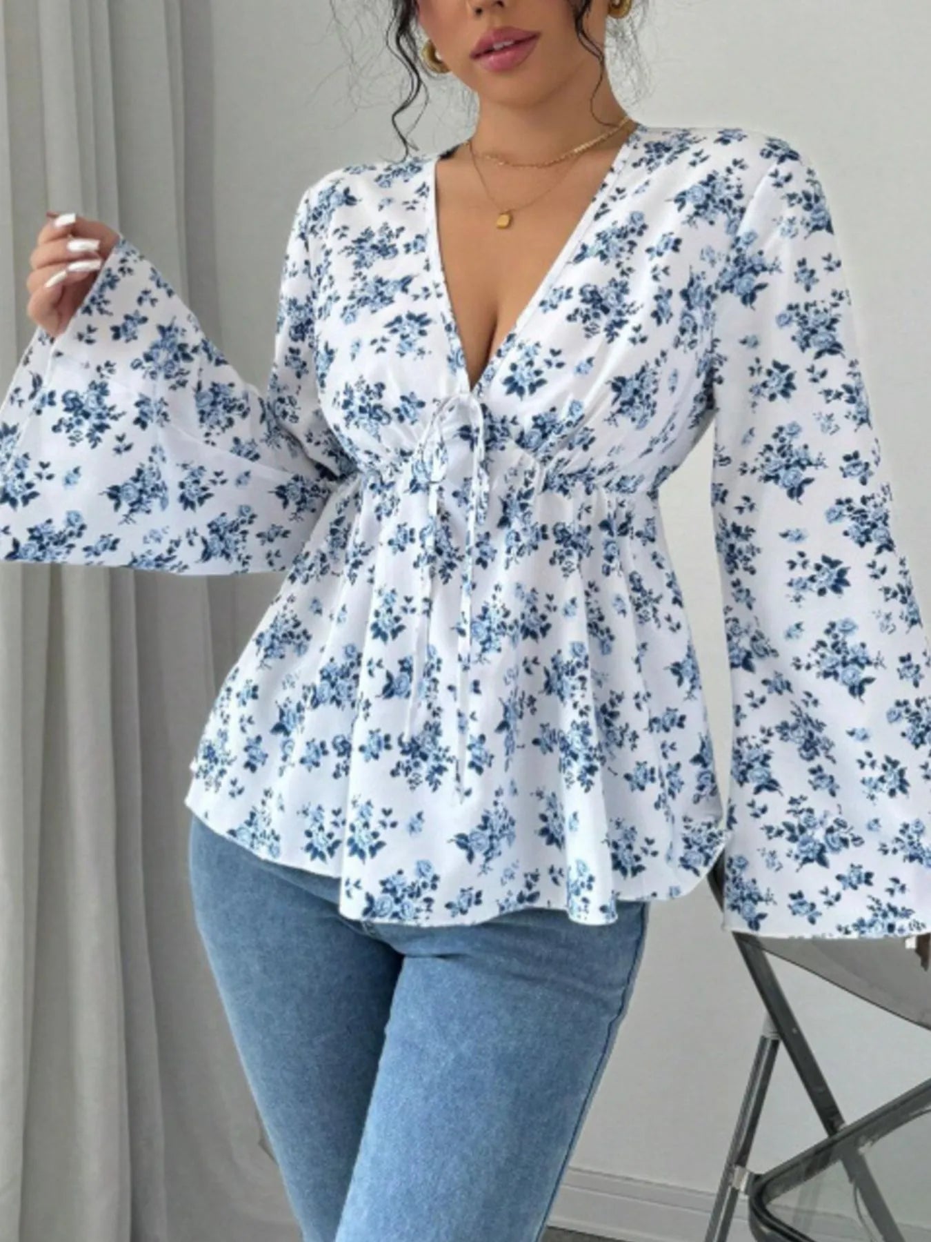 Floral Print V-Neck Long Sleeve Blouse Blue - Fashorio