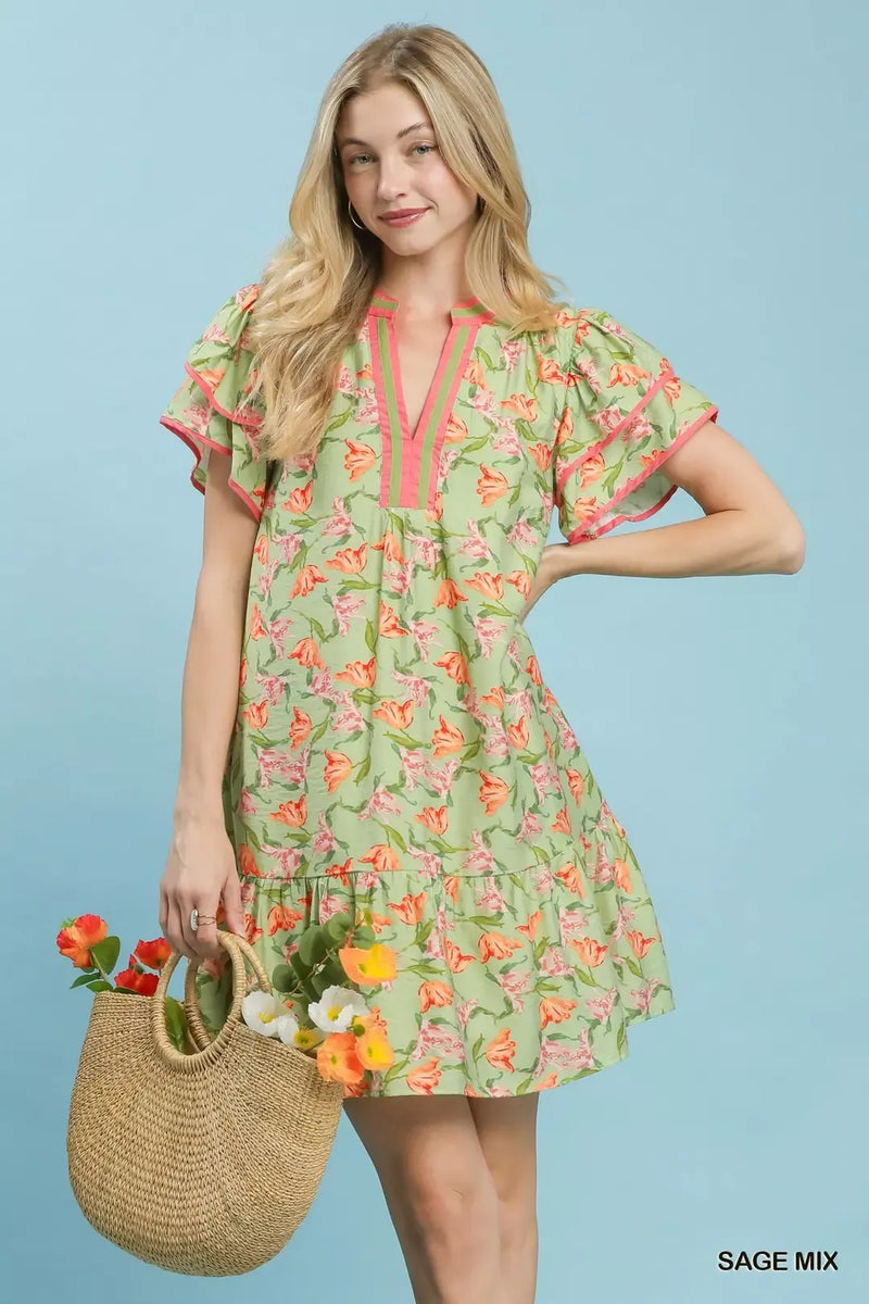 Umgee Floral Flutter Sleeve Tiered Dress front view