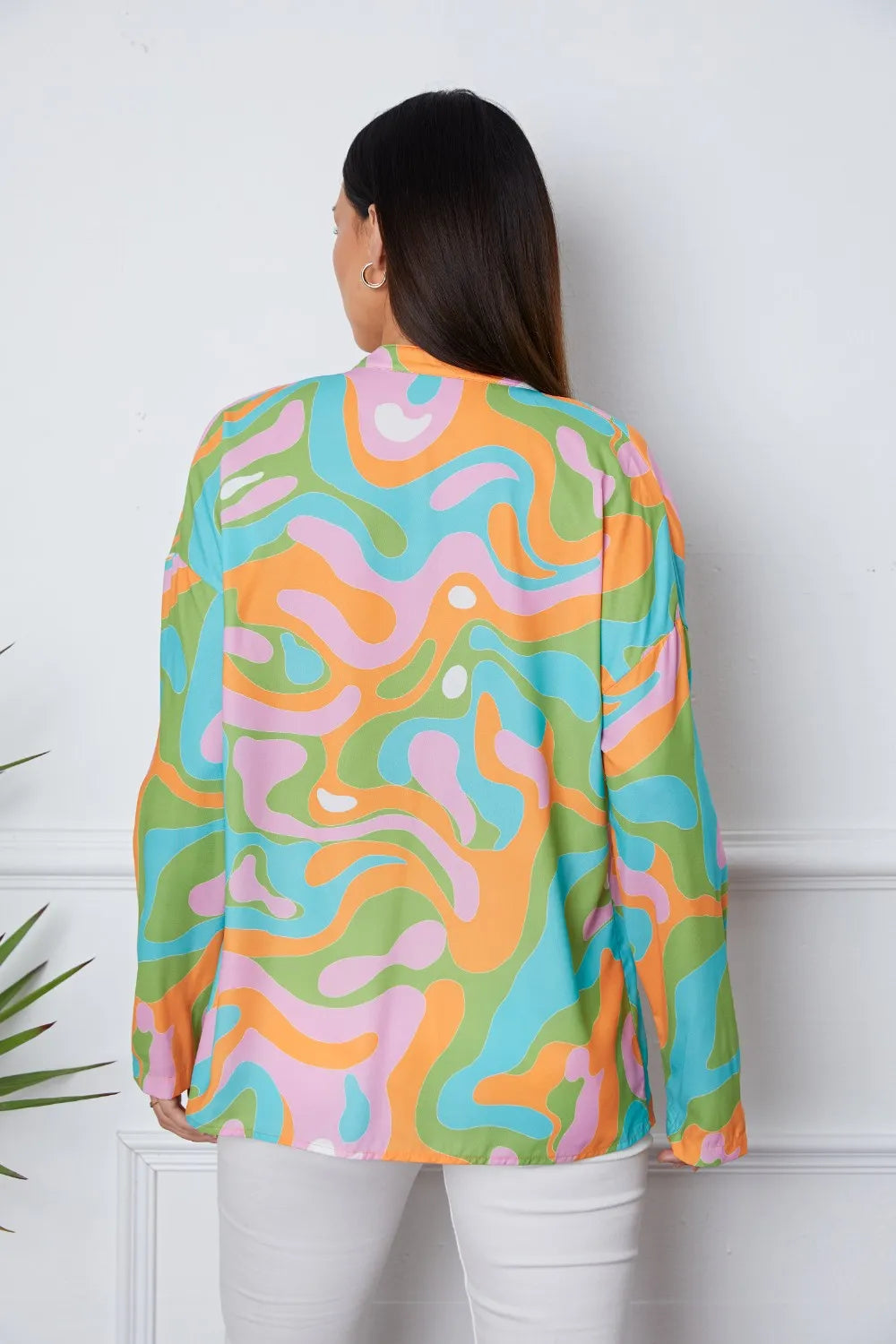 Printed Notched Long Sleeve Blouse - Fashorio